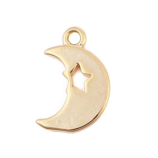 Picture of Brass Charms Half Moon 18K Real Gold Plated Star 12mm( 4/8") x 8mm( 3/8"), 3 PCs                                                                                                                                                                              