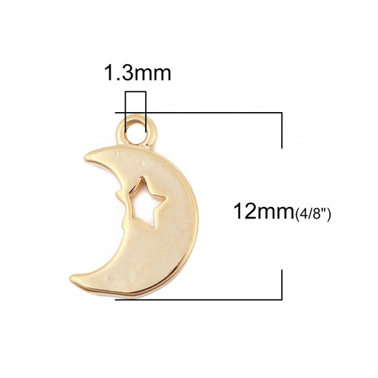 Picture of Brass Charms Half Moon 18K Real Gold Plated Star 12mm( 4/8") x 8mm( 3/8"), 3 PCs                                                                                                                                                                              