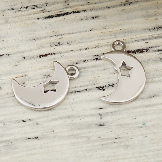 Picture of Brass Charms Half Moon 18K Real Platinum Plated Star 12mm( 4/8") x 8mm( 3/8"), 3 PCs                                                                                                                                                                          