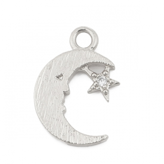 Picture of Brass Charms Half Moon 18K Real Platinum Plated Star Clear Rhinestone 13mm( 4/8") x 9mm( 3/8"), 3 PCs                                                                                                                                                         