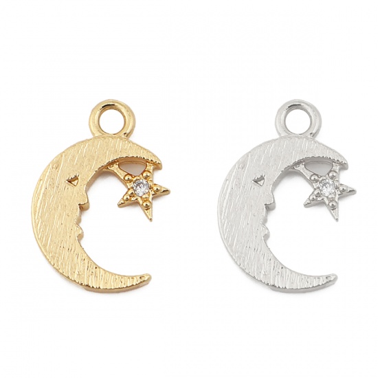 Picture of Brass Charms Half Moon 18K Real Platinum Plated Star Clear Rhinestone 13mm( 4/8") x 9mm( 3/8"), 3 PCs                                                                                                                                                         