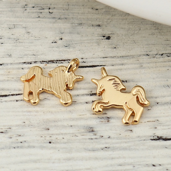 Picture of Brass Charms Horse Animal 18K Real Gold Plated 11mm( 3/8") x 9mm( 3/8"), 3 PCs                                                                                                                                                                                