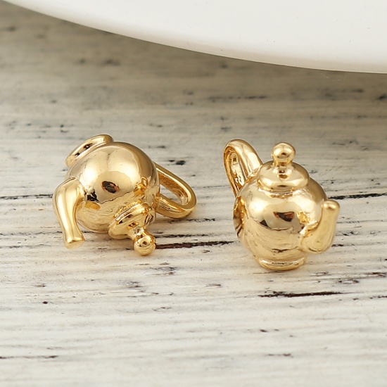 Picture of Brass 3D Charms Teapot 18K Real Gold Plated 15mm( 5/8") x 11mm( 3/8"), 3 PCs                                                                                                                                                                                  