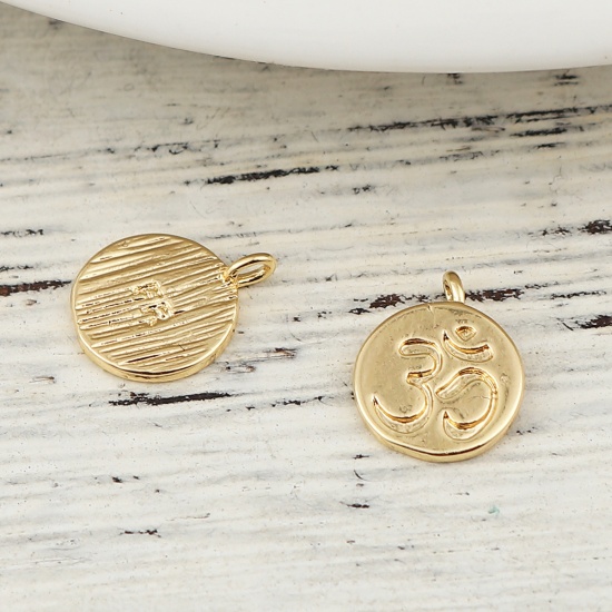 Picture of Brass Charms Round 18K Real Gold Plated Yoga OM/ Aum 12mm( 4/8") x 9mm( 3/8"), 3 PCs                                                                                                                                                                          
