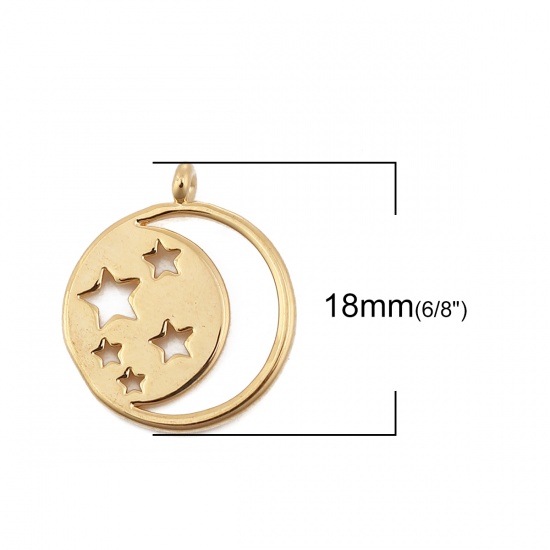 Picture of Brass Charms Half Moon 18K Real Gold Plated Star 18mm( 6/8") x 15mm( 5/8"), 3 PCs                                                                                                                                                                             