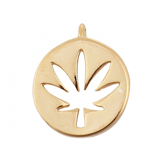 Picture of Brass Charms Round 18K Real Gold Plated Maple Leaf 12mm( 4/8") x 10mm( 3/8"), 5 PCs                                                                                                                                                                           