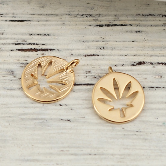 Picture of Brass Charms Round 18K Real Gold Plated Maple Leaf 12mm( 4/8") x 10mm( 3/8"), 5 PCs                                                                                                                                                                           