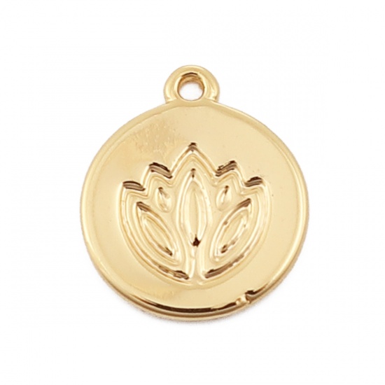 Imagen de Latón Colgantes Charms Flor de Loto 18K Oro Real Chapado Ronda 11mm x 10mm, 3 Unidades