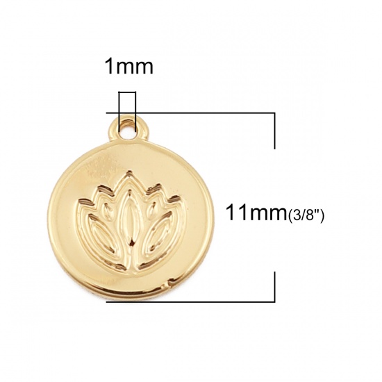 Imagen de Latón Colgantes Charms Flor de Loto 18K Oro Real Chapado Ronda 11mm x 10mm, 3 Unidades