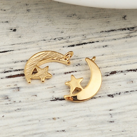 Picture of Brass Charms Half Moon 18K Real Gold Plated Star 13mm( 4/8") x 7mm( 2/8"), 3 PCs                                                                                                                                                                              