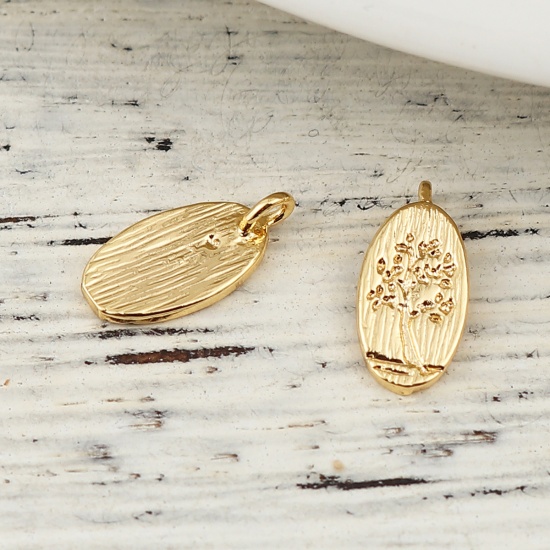Picture of Brass Charms Oval 18K Real Gold Plated Tree 11mm( 3/8") x 6mm( 2/8"), 5 PCs                                                                                                                                                                                   