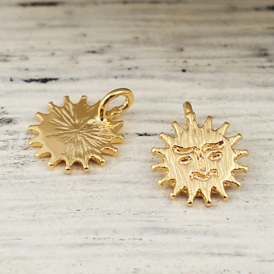Picture of Brass Charms Sun 18K Real Gold Plated 10mm( 3/8") x 8mm( 3/8"), 3 PCs                                                                                                                                                                                         