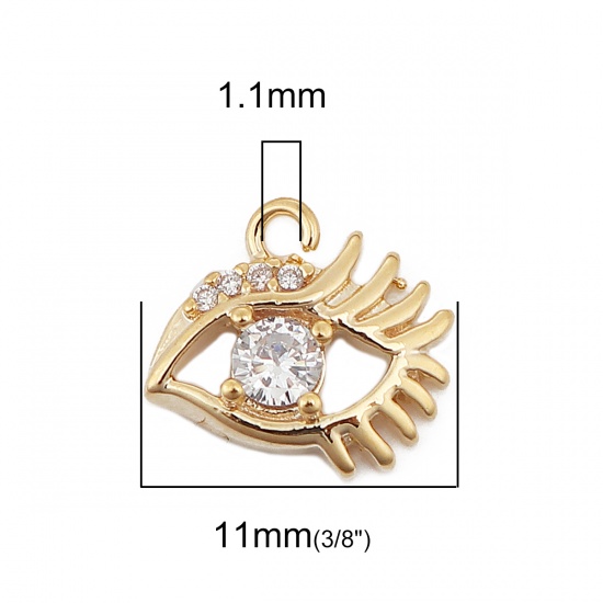 Picture of Brass Charms Eye 18K Real Gold Plated Clear Rhinestone 11mm( 3/8") x 9mm( 3/8"), 3 PCs                                                                                                                                                                        