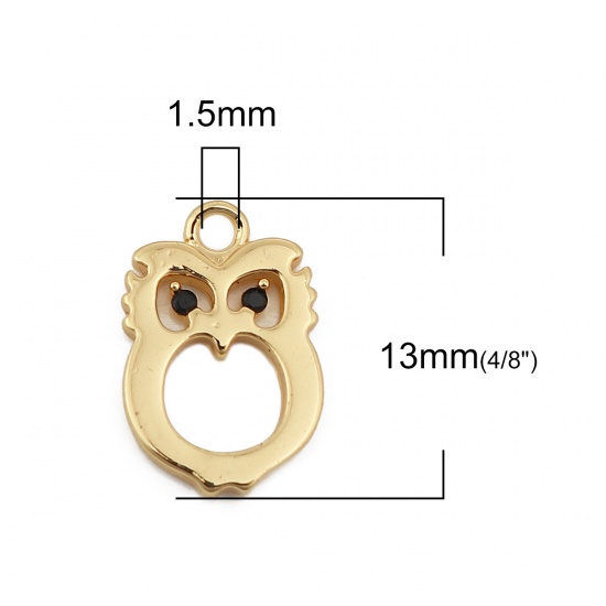 Picture of Brass Charms Owl Animal 18K Real Gold Plated Black Rhinestone 13mm( 4/8") x 8mm( 3/8"), 2 PCs                                                                                                                                                                 
