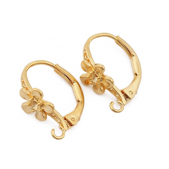 Bild von Messing Leverback Ohrringe 18K Vergoldet Blumen M/Öse (Halten ss4 Spitzboden Strass) 16mm x 8mm, Drahtstärke: (18 gauge), 4 Stück
