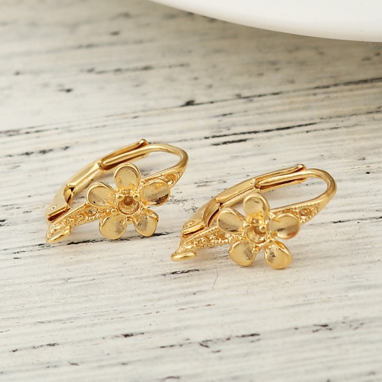 Bild von Messing Leverback Ohrringe 18K Vergoldet Blumen M/Öse (Halten ss4 Spitzboden Strass) 16mm x 8mm, Drahtstärke: (18 gauge), 4 Stück
