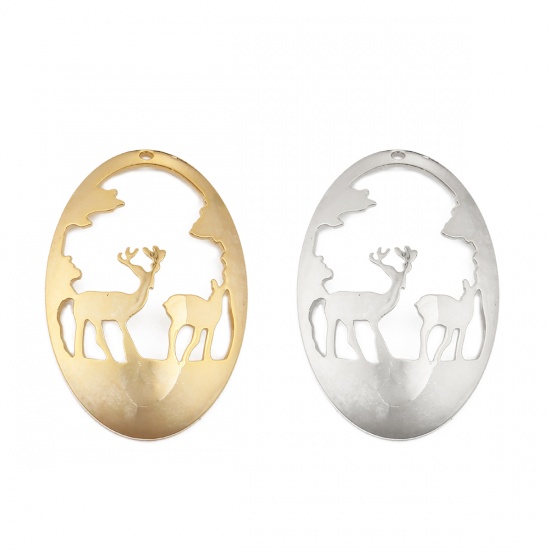Picture of Brass Pendants Oval 18K Real Gold Plated Christmas Reindeer 45mm(1 6/8") x 30mm(1 1/8"), 1 Piece                                                                                                                                                              