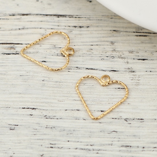 Picture of 5 PCs Brass Geometric Bezel Frame Charms Pendants 18K Real Gold Plated Heart 16mm x 16mm                                                                                                                                                                      
