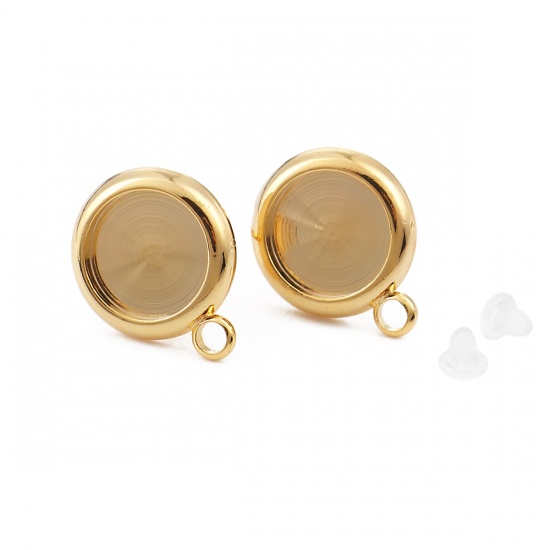 Imagen de Latón Soporta a Cabachones Pendientes Ronda 18K Oro Real Chapado (Apta 8mm) 13mm x 10mm, Post/ Wire Size: (20 gauge), 4 Unidades