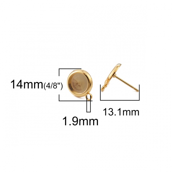 Imagen de Latón Soporta a Cabachones Pendientes Ronda 18K Oro Real Chapado (Apta 8mm) 13mm x 10mm, Post/ Wire Size: (20 gauge), 4 Unidades