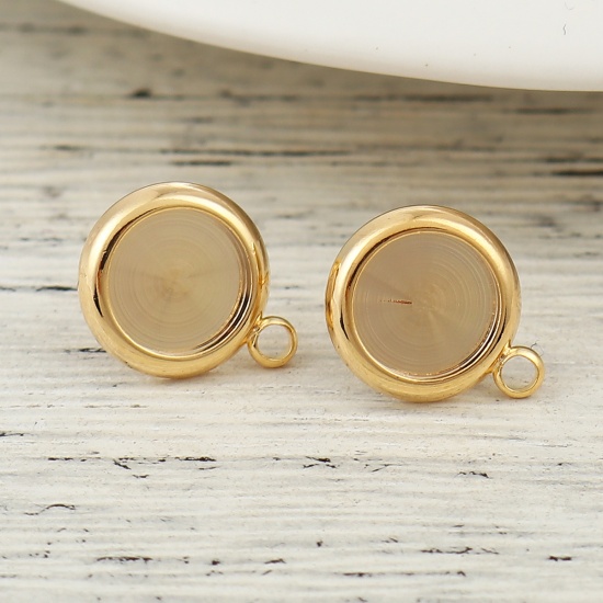 Imagen de Latón Soporta a Cabachones Pendientes Ronda 18K Oro Real Chapado (Apta 8mm) 13mm x 10mm, Post/ Wire Size: (20 gauge), 4 Unidades