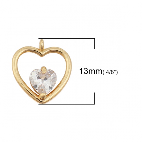 Picture of Brass Charms Heart 18K Real Gold Plated Clear Rhinestone 13mm( 4/8") x 12mm( 4/8"), 3 PCs                                                                                                                                                                     