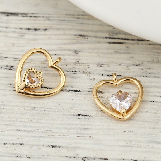 Picture of Brass Charms Heart 18K Real Gold Plated Clear Rhinestone 13mm( 4/8") x 12mm( 4/8"), 3 PCs                                                                                                                                                                     