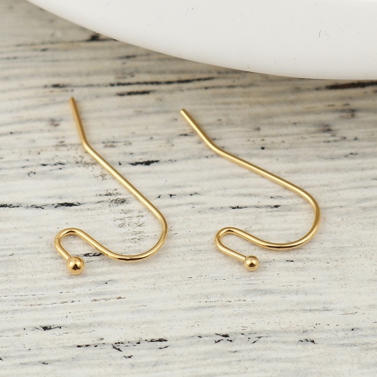 Picture of Brass Ear Wire Hooks Earring Findings 18K Real Gold Plated 21mm( 7/8") x 11mm( 3/8"), Post/ Wire Size: (21 gauge), 20 PCs                                                                                                                                     