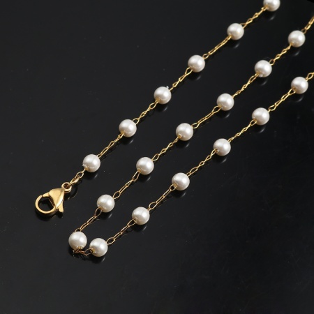 1 Pz Placcatura Sottovuoto 304 Acciaio Inossidabile Catena Collana Oro Placcato Bianco Perla Imitato Acrilico 74cm Lunghezza, Dimensione della Catena 5mm