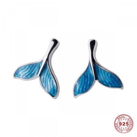 Чистое Серебро Серьги Шпильки Античное Серебро Синий Хвост кита С Эмалью 9ммx 8мм, 1 Пара