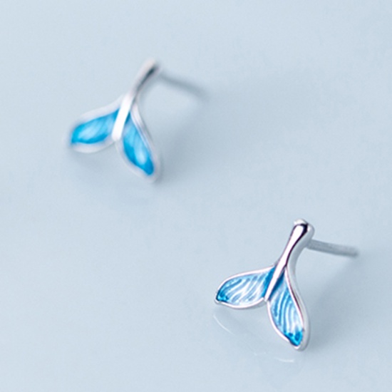 Picture of Sterling Silver Ear Post Stud Earrings Silver Blue Whale Tail Enamel 9mm( 3/8") x 8mm( 3/8"), 1 Pair