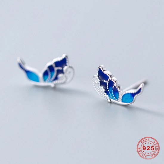 Image de Boucles d'Oreilles Puces en Argent Pur Bleu Papillon Email 10mm x 6mm, 1 Paire