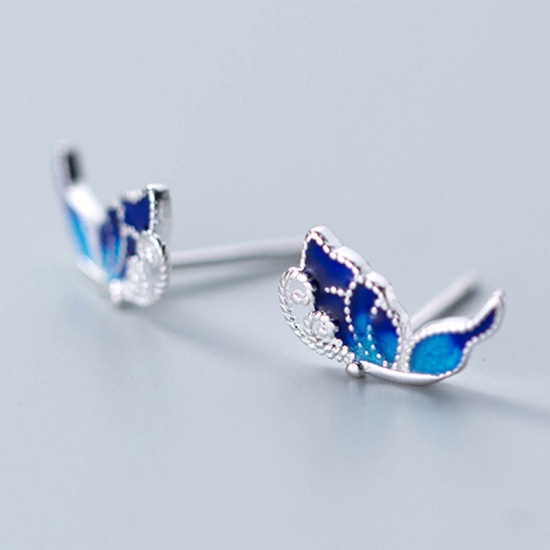 Picture of Sterling Silver Ear Post Stud Earrings Blue Butterfly Animal Enamel 10mm( 3/8") x 6mm( 2/8"), 1 Pair