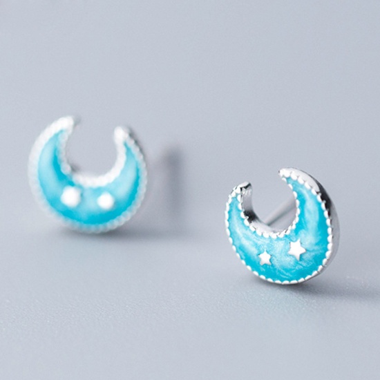 Picture of Sterling Silver Ear Post Stud Earrings Light Blue Half Moon Star Enamel 8mm( 3/8") x 8mm( 3/8"), 1 Pair