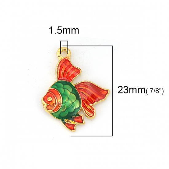 Picture of Zinc Based Alloy Ocean Jewelry Charms Fish Animal Gold Plated Red & Green Enamel 23mm( 7/8") x 18mm( 6/8"), 5 PCs