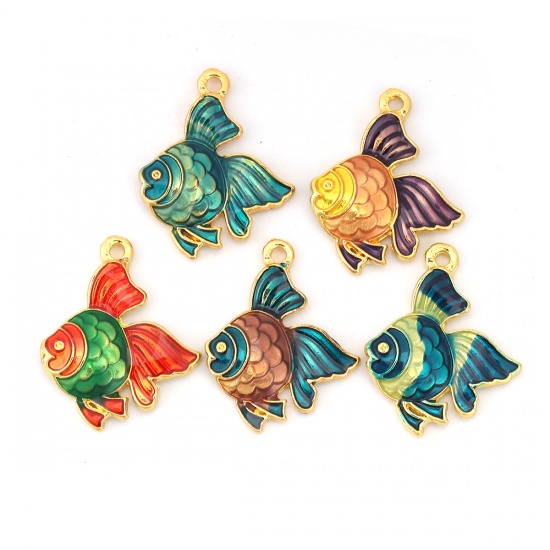 Picture of Zinc Based Alloy Ocean Jewelry Charms Fish Animal Gold Plated Red & Green Enamel 23mm( 7/8") x 18mm( 6/8"), 5 PCs