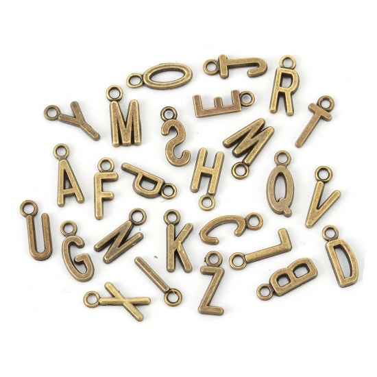 Picture of Zinc Based Alloy Charms Alphabet/ Letter Antique Bronze Mixed Message " A-Z " 16mm x5mm( 5/8" x 2/8") - 16mm x11mm( 5/8" x 3/8"), 1 Set ( 26 PCs/Set)
