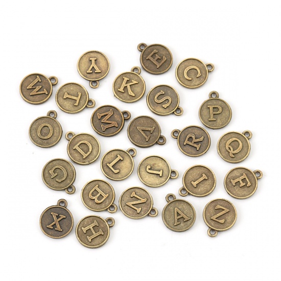 Picture of Zinc Based Alloy Charms Round Antique Bronze Mixed Initial Alphabet/ Letter Message " A-Z " 15mm( 5/8") x 13mm( 4/8"), 1 Set ( 26 PCs/Set)