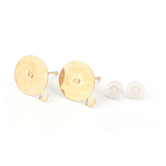 Picture of Iron Based Alloy Ear Post Stud Earrings Findings Round Gold Plated W/ Loop 12mm x 10mm, Post/ Wire Size: (21 gauge), 50 PCs