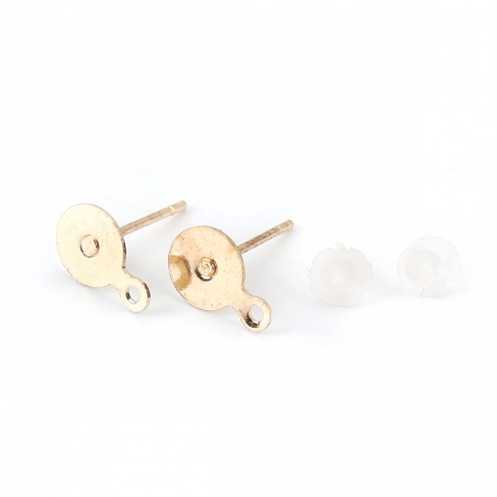Picture of Iron Based Alloy Ear Post Stud Earrings Findings Round Gold Plated W/ Loop 9mm x 6mm, Post/ Wire Size: (21 gauge), 100 PCs