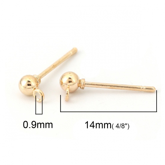 Picture of Iron Based Alloy Ear Post Stud Earrings Findings Ball Gold Plated W/ Loop 5mm x 3mm, Post/ Wire Size: (20 gauge), 100 PCs