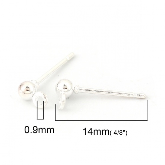 Picture of Iron Based Alloy Ear Post Stud Earrings Findings Ball Silver Plated W/ Loop 5mm x 3mm, Post/ Wire Size: (20 gauge), 100 PCs