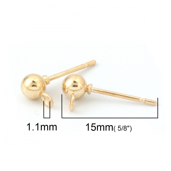 Picture of Iron Based Alloy Ear Post Stud Earrings Findings Ball Gold Plated W/ Loop 6mm x 4mm, Post/ Wire Size: (20 gauge), 50 PCs