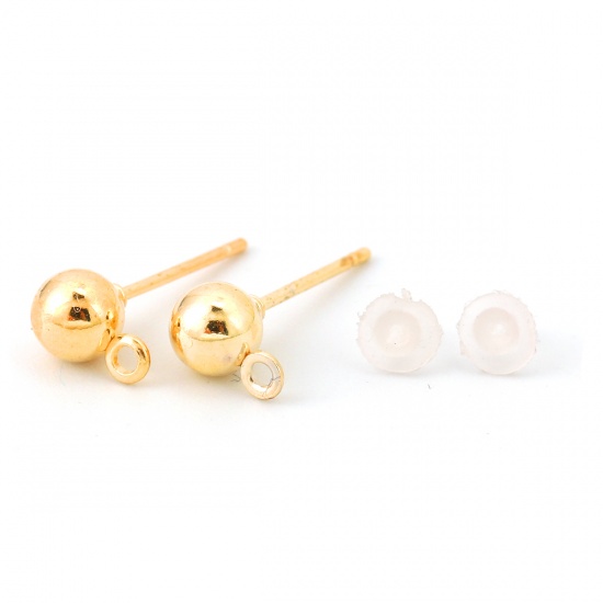 Picture of Iron Based Alloy Ear Post Stud Earrings Findings Ball Gold Plated W/ Loop 7mm x 5mm, Post/ Wire Size: (20 gauge), 50 PCs