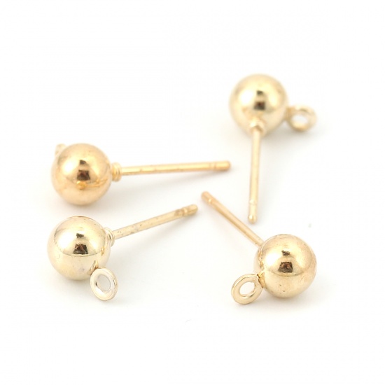 Picture of Iron Based Alloy Ear Post Stud Earrings Findings Ball Gold Plated W/ Loop 7mm x 5mm, Post/ Wire Size: (20 gauge), 50 PCs