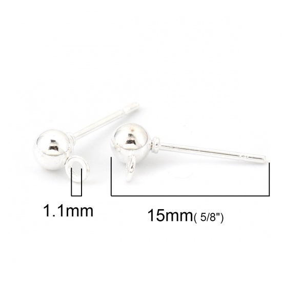 Picture of Iron Based Alloy Ear Post Stud Earrings Findings Ball Silver Plated W/ Loop 6mm x 4mm, Post/ Wire Size: (20 gauge), 50 PCs