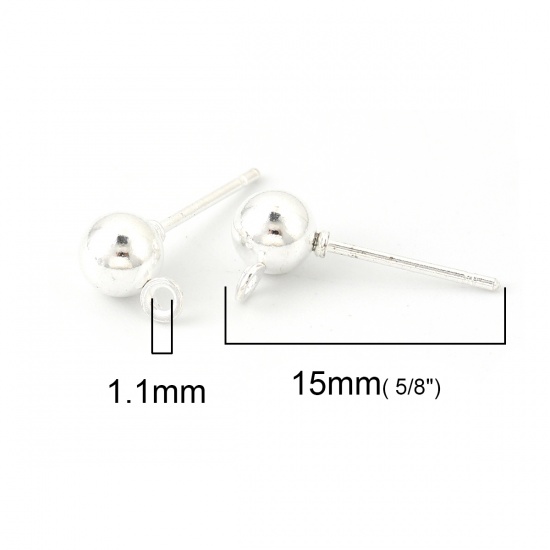 Picture of Iron Based Alloy Ear Post Stud Earrings Findings Ball Silver Plated W/ Loop 7mm x 5mm, Post/ Wire Size: (20 gauge), 50 PCs