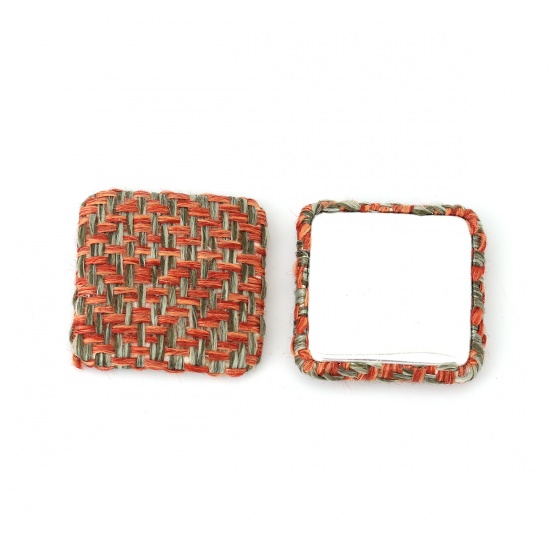 Bild von Zinklegierung Embellishments Cabochons Quadrat Silberfarbe Orange Gitter Mit Stoff Bedeckt 28mm x 28mm, 10 Stück