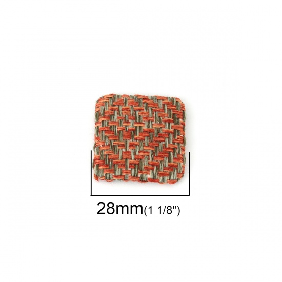 Picture of Zinc Based Alloy Embellishments Square Silver Tone Orange Grid Checker Fabric Covered 28mm(1 1/8") x 28mm(1 1/8"), 10 PCs