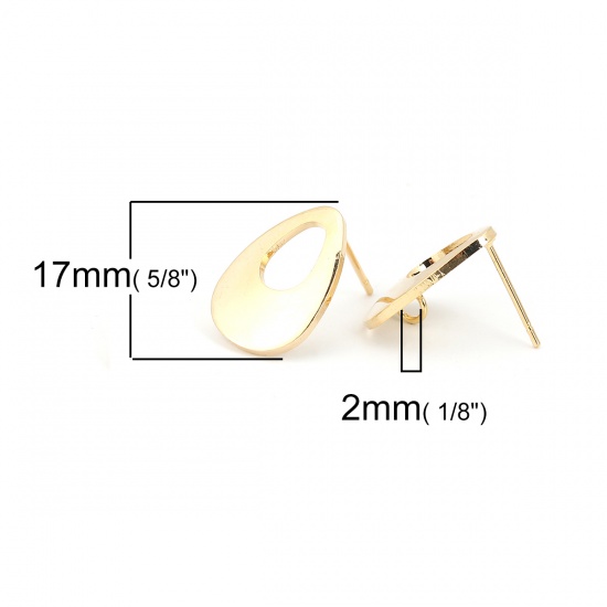 Picture of Brass Ear Post Stud Earrings 18K Real Gold Plated Drop W/ Open Loop 17mm( 5/8") x 12mm( 4/8"), Post/ Wire Size: (21 gauge), 4 PCs                                                                                                                             